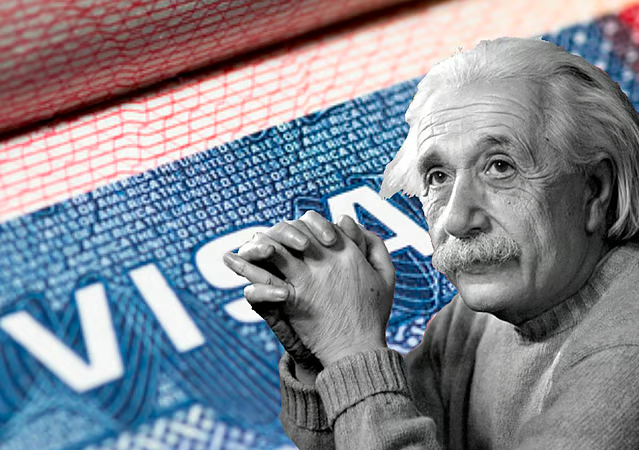 A black-and-white image of Albert Einstein placed in front of a close-up of a U.S. visa document.